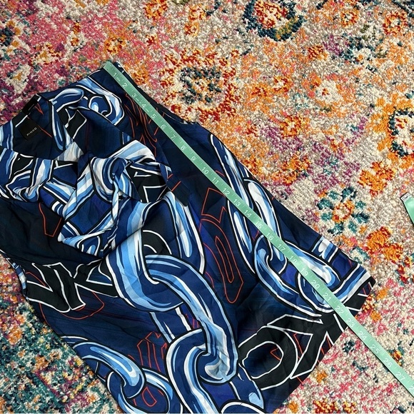 PINKO Logo Chain Print Blue White Sleeveless Tie Bow Blouse‎ - Picture 14 of 14